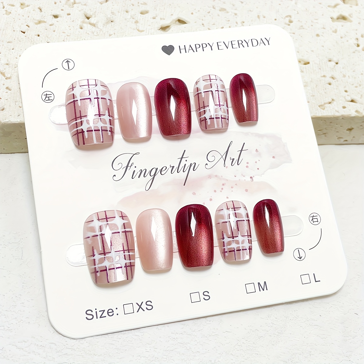 TEMU 10pcs Handmade Short Ballet-shaped Press-on Nails, Fashionable Pink Cat-eye Glitter With Brown Gradient, White Checkered Pattern, And Starlight