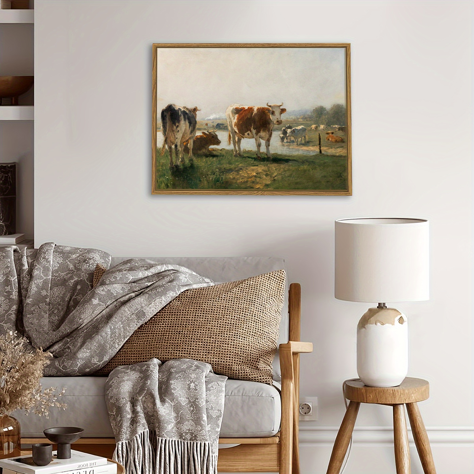 1pc Framed Vintage Canvas Poster, Rustic Farmhouse Cow Painting, Canvas 