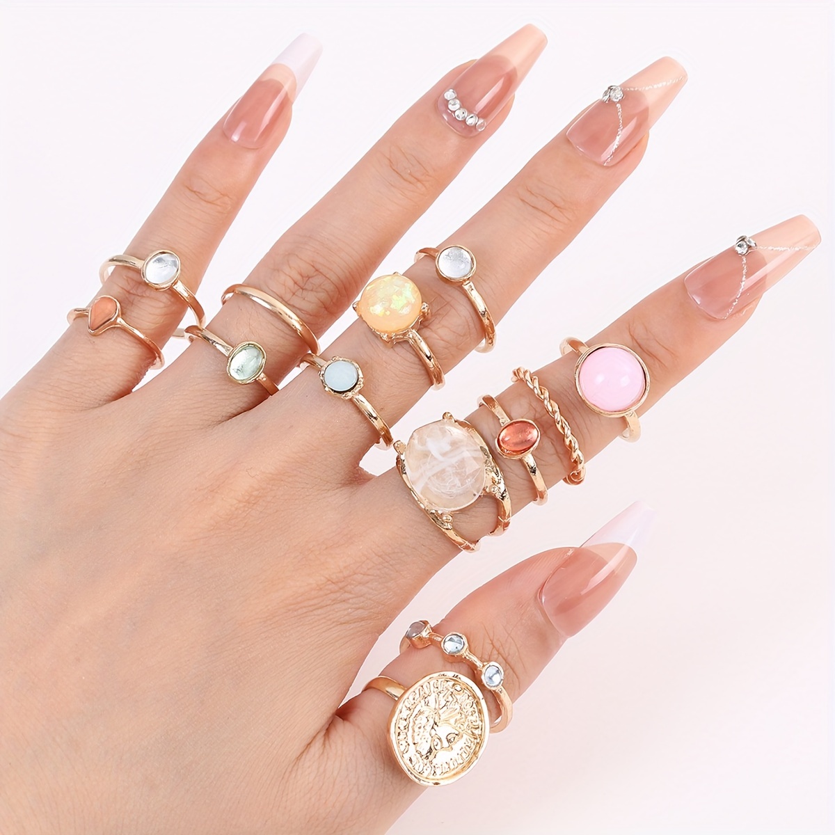 

Boho Elegant Resin Ring Set For Women - 12-piece Statement Fashion Rings With No Plating, Creative Vintage-inspired Jelly Colored Finger Rings - Ideal For Daily Wear & Gift-giving, 1 Size Fits All