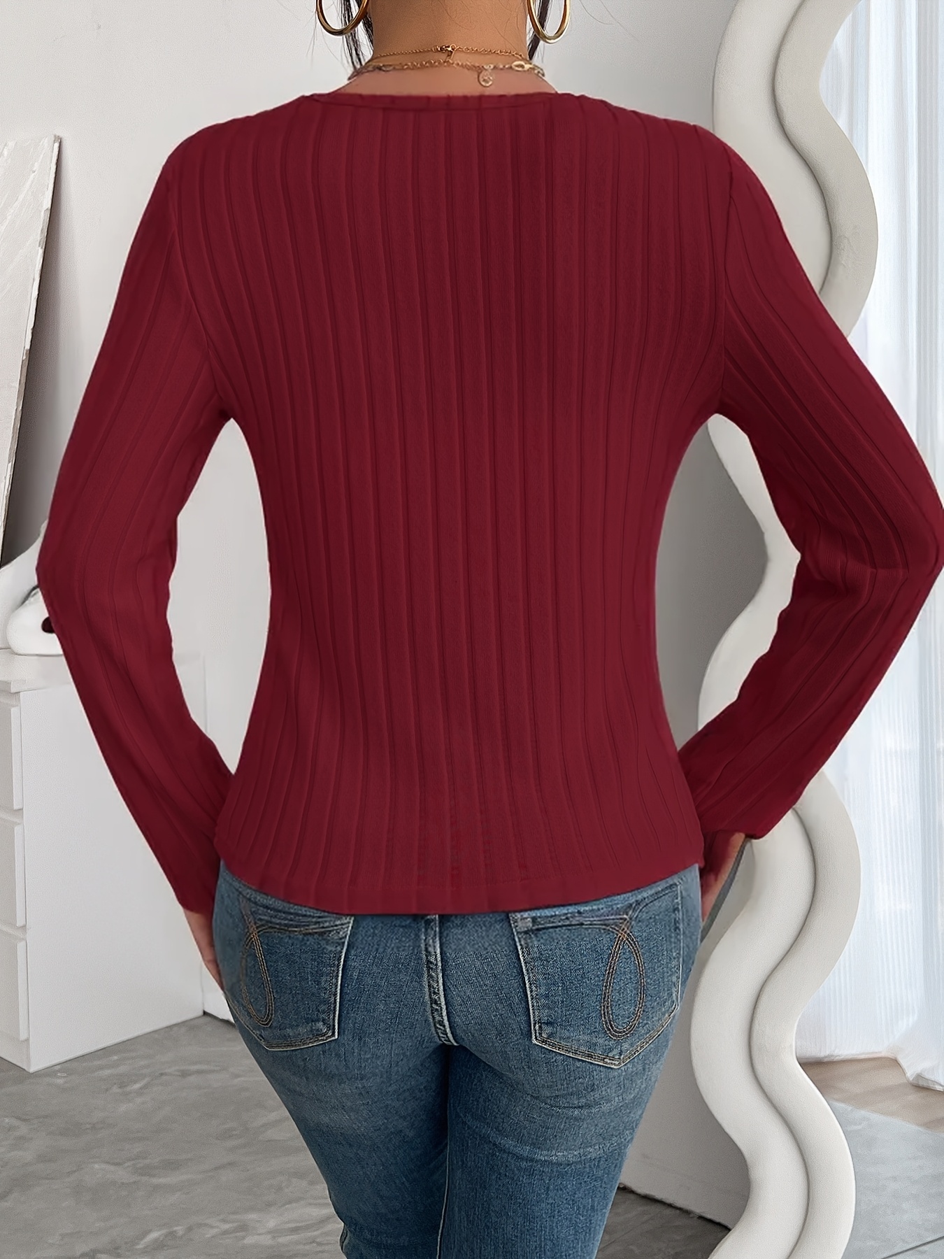 Women'S Chic Ribbed V-Neck Slim Fit Top - Elegant Long Sleeve, Solid Black, Perfect for Fall/Winter Fashion, Stylish Layering Piece