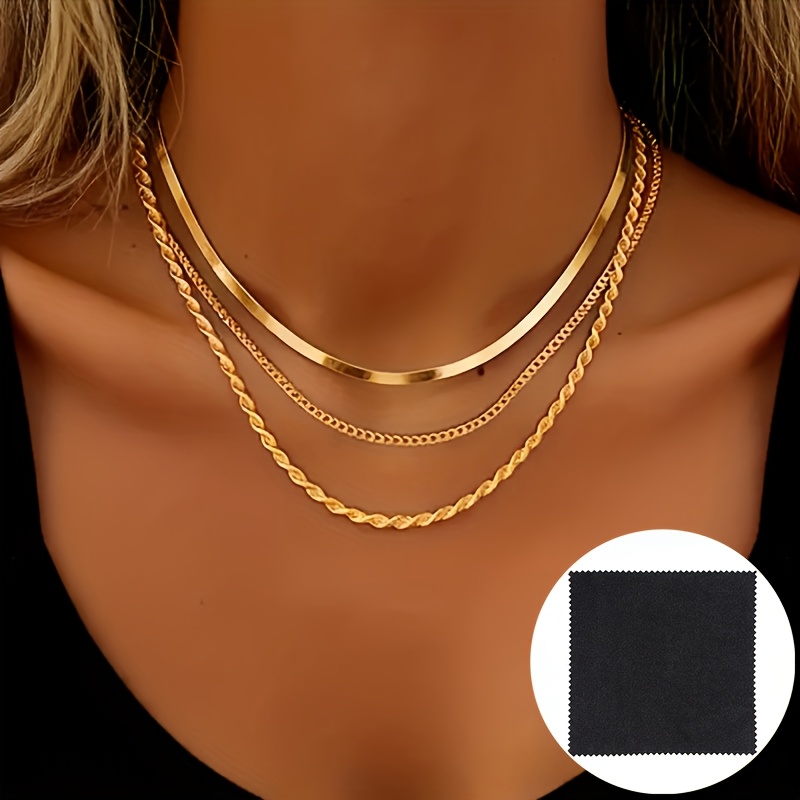 E-shop Hochwertige Edelstahl Goldene Schichtkette + 1 Schmuckreinigungstuch, -Anlauf, Einfach Elegant, Ein Modischer Damenschmuck für den oder Partys,