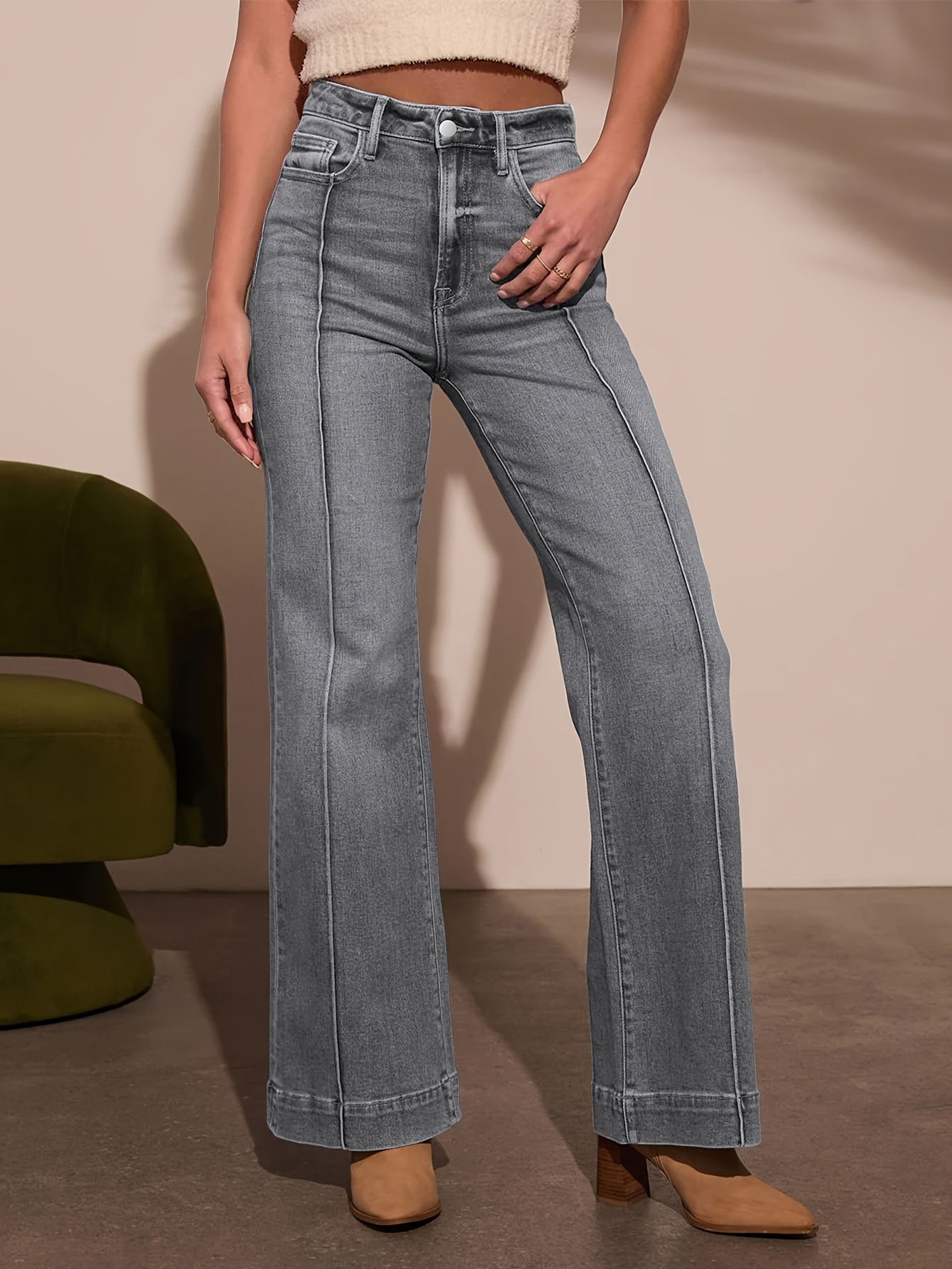 item picture m1212 womens grey high waist   flared leg lengthening pants stretchy vintage denim trousers with side stripes   fit bootcut for daily wear