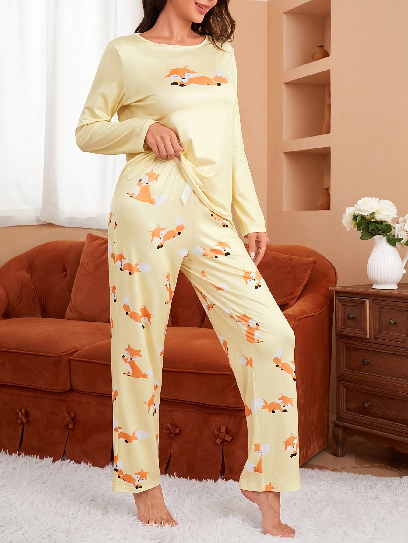 women's cartoon fox print cute pajama set long sleeve round Temu