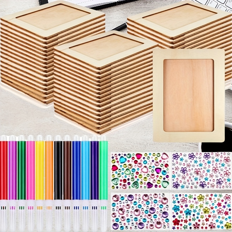21pcs craft kit for picture framing contains 5 unfinished wooden frames 12 mini watercolor markers and   stickers for   your own photo frames wooden photo frames for home decoration