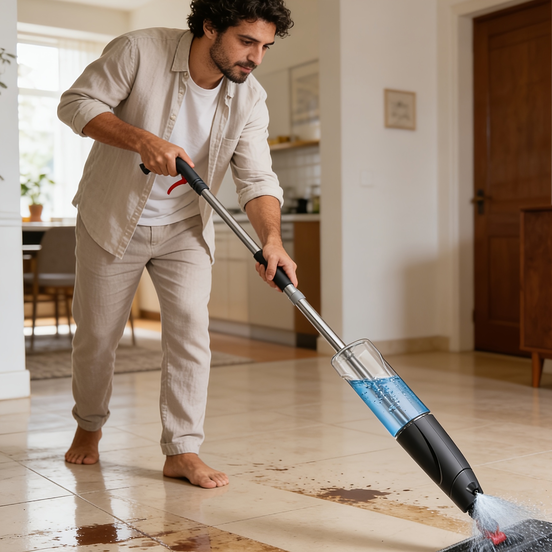 Image of 1pc Floor Cleaning Spray Mop With 2 Microfiber Pads. A Wet Dust Mop For Hardwood Floors, Allowing For 360-degree Flexible Cleaning Of The Living Room, Bedroom, Kitchen, And Bathroom.