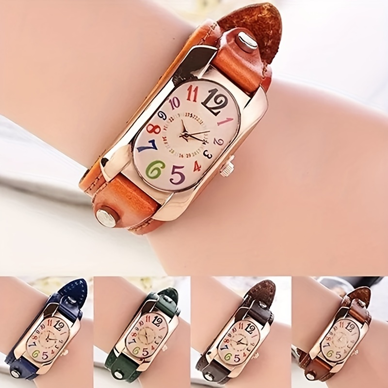 

Women's Retro Oval Quartz Watch Colorful Numerals Fashion Analog Pu Leather Wrist Watch