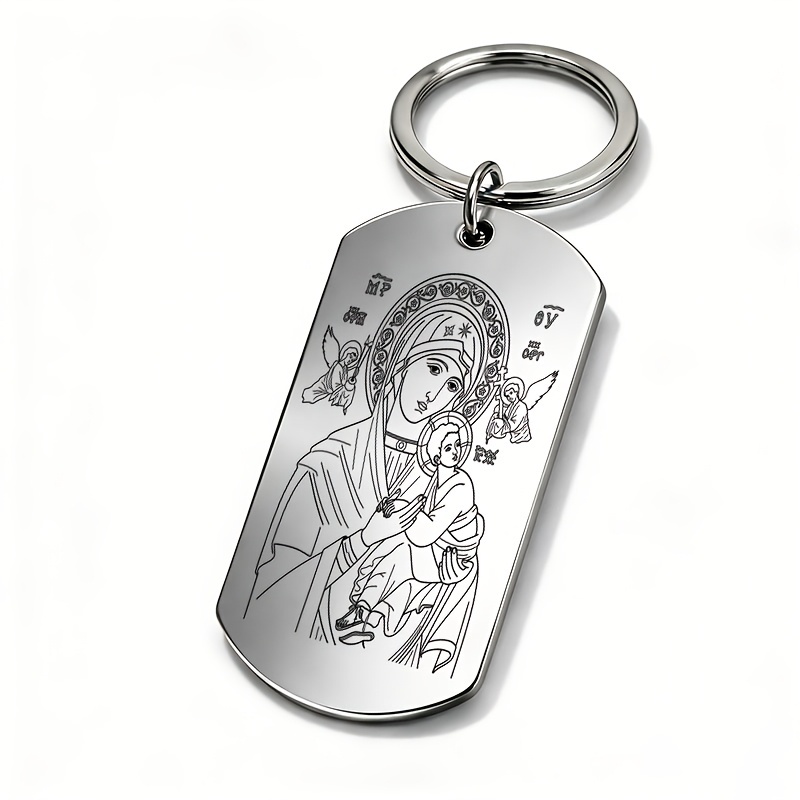 TEMU 1pc Metal Brushed Byzantine Style Virgin Mary Holding The Jesus Icon Dog Tag Keychain, Vintage Religious Style Metal Pendant, Waterproof And