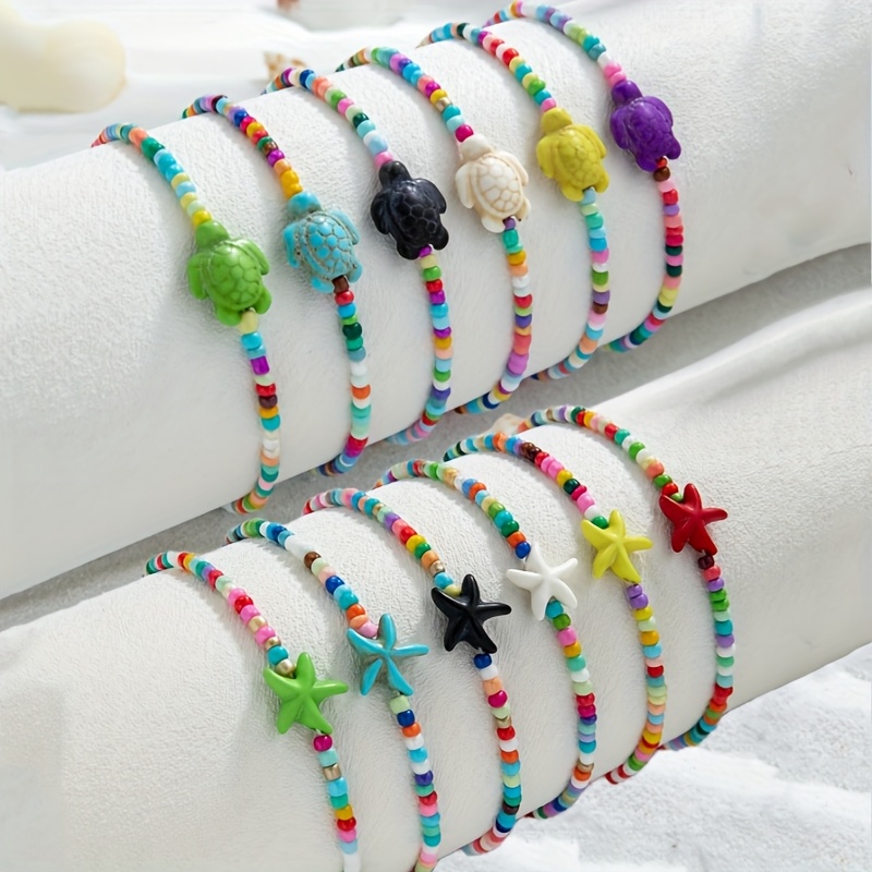 E-shop 12-teiliges Set Sommer Strand Style Bunte Reisperlen Gemischte Türkis Seestern Seestern Schildkröte Stapelbare Elastische Linie Perlen