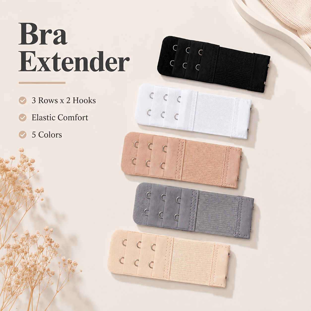 TEMU Lot de 5 rallonges de soutien-gorge multicolores avec bande élastique à 3 rangées de 4 crochets, crochets de rangée en acier inoxydable, réglage