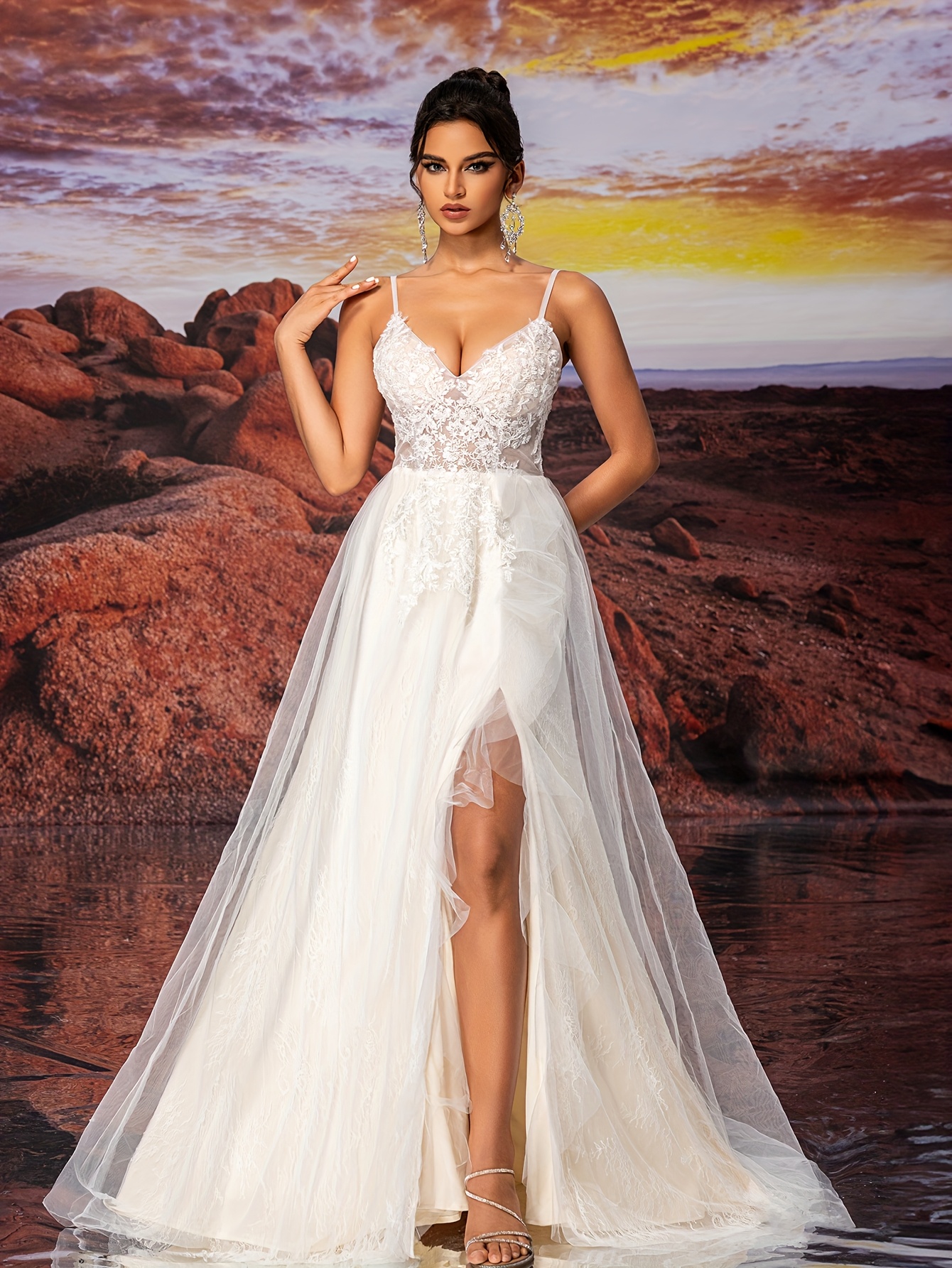 [* Design] Elegant Floral Embroidered V-Neck Wedding Dress with Sheer Tulle  Overlay - Spaghetti Straps, Floor-Length Bridal Gown for Adults, Hand or *  Only, Special Event Dress|Sleek Bridal Gown|Woven ...