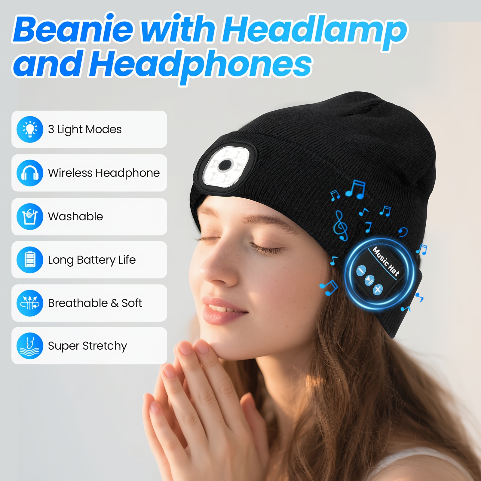 hats with lights knitted hats led light   music hats with headphones warm hats suitable for outdoor night running and night fishing christmas light hats unique christmas birthday gifts black for men and women Product details 2