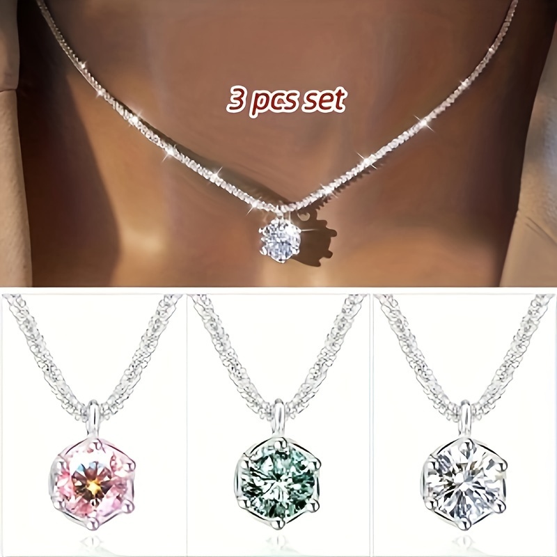 

3 Strips Of 925 Sterling Silver 1 Carat Synthetic Zirconia Necklace - Luxury, Weddings, Commitments And - For Her On Day, Valentine's Day And Christmas