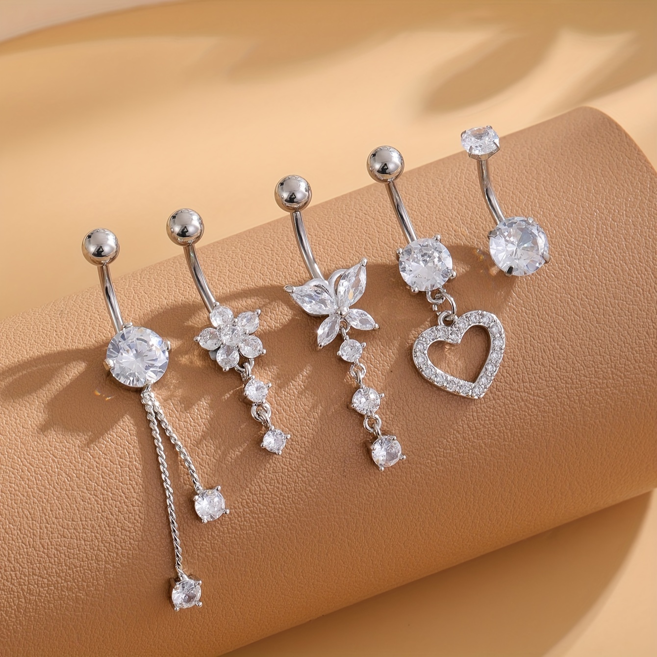 

5-piece Stainless Steel Belly Button Ring Set, Butterfly Heart Flower Cubic Zirconia, Women's Classic Navel Piercing Jewelry, Cute Styles For Daily Wear