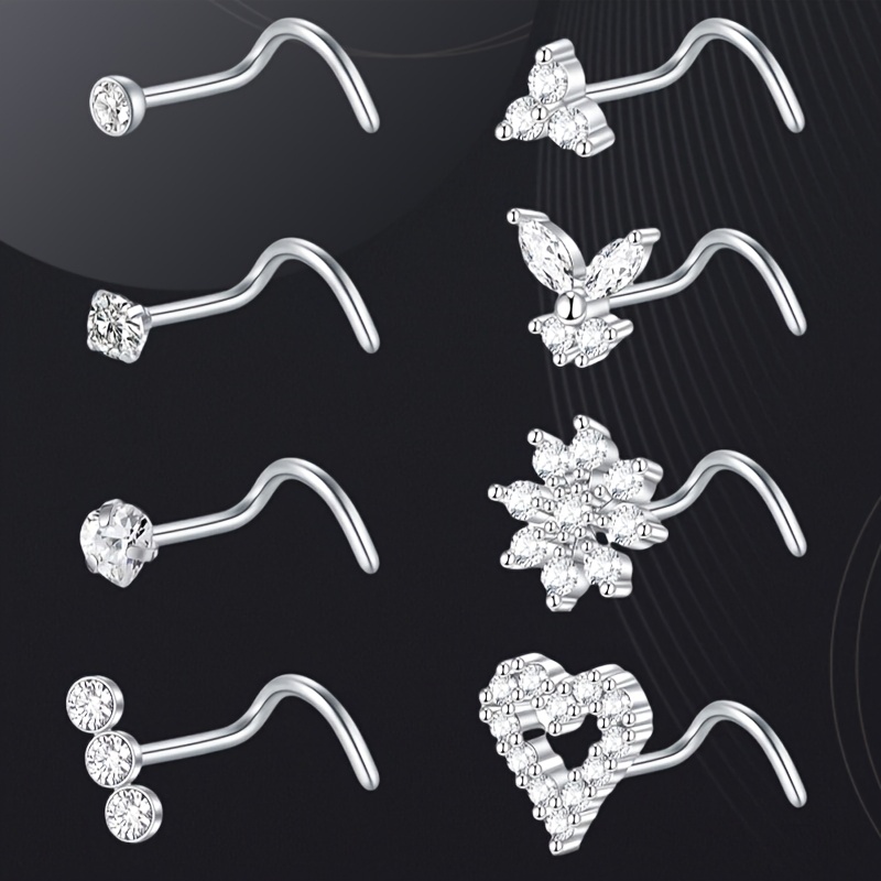 Set Of 8 Nose Studs And Rings, Featuring A Fitting Tube Diameter Of 1.0*7mm, With Heart-shaped, Floral, And Designs, Perfect For 's Nose Piercings