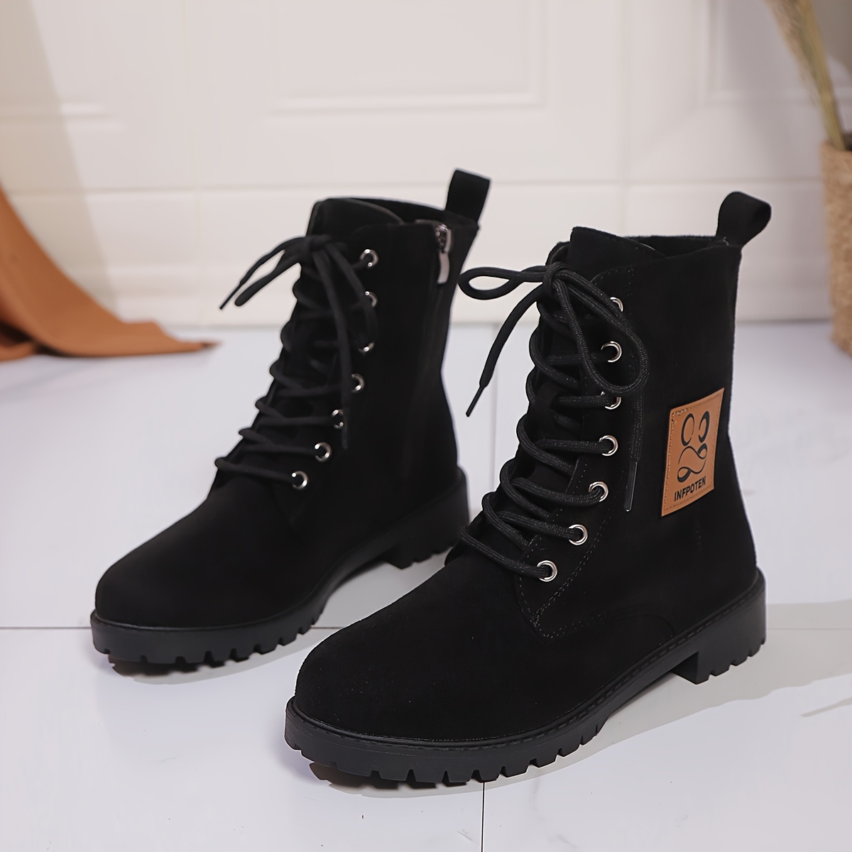 Flat Black Wedge Booties Lace Up Point Toe Womens Flat Lace Up