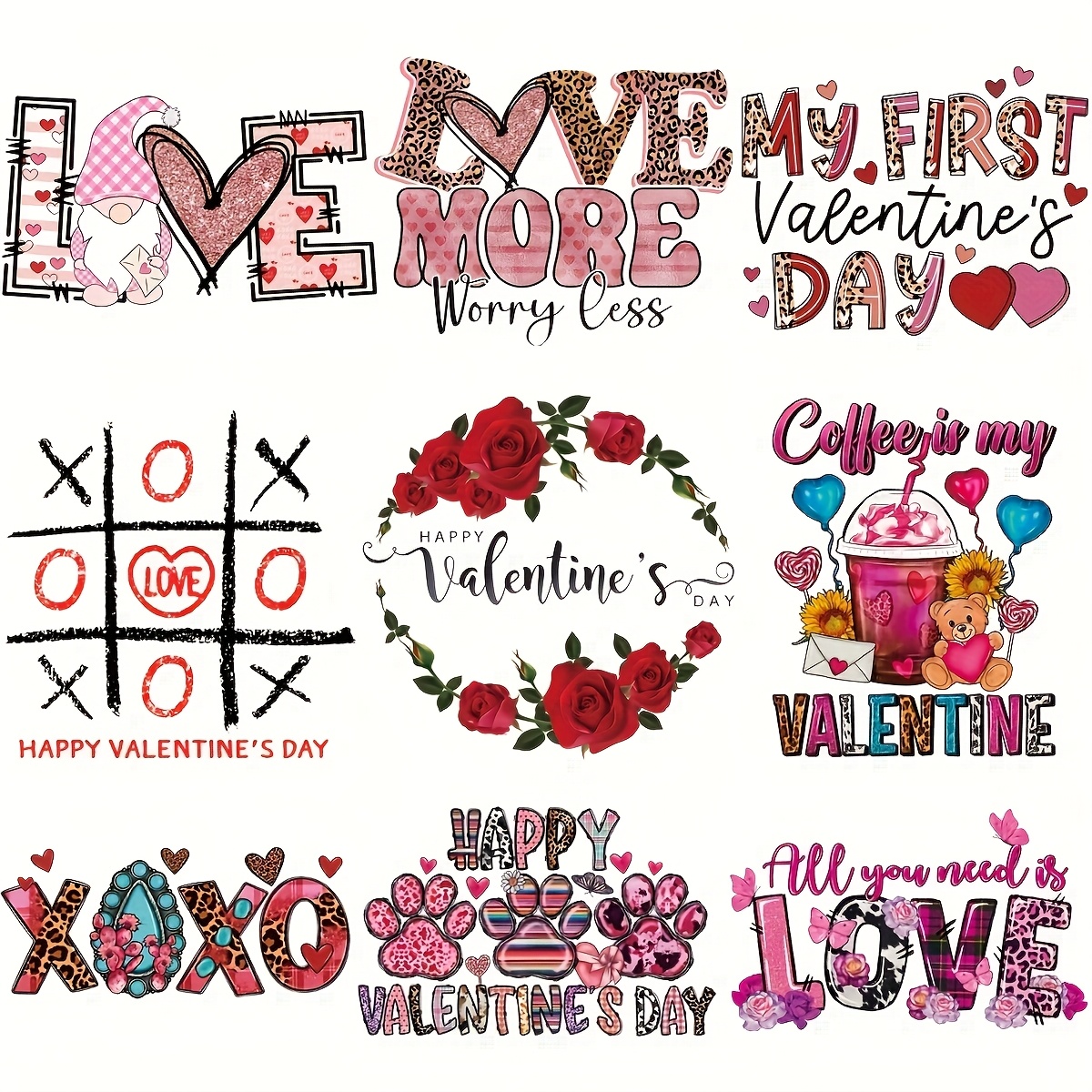 

9pcs Valentine's Day Iron-on Heat Transfer Vinyl Decals, And Appliques, Mixed Color Love And Designs For T-shirt And Fabric Crafting