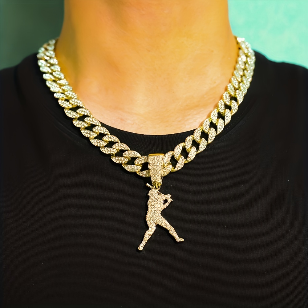 

Unisex Hip Hop Cuban Chain With Baseball Star Pendant - & Silver Tone, Sporty Fashion Jewelry For All Occasions, Gift Box