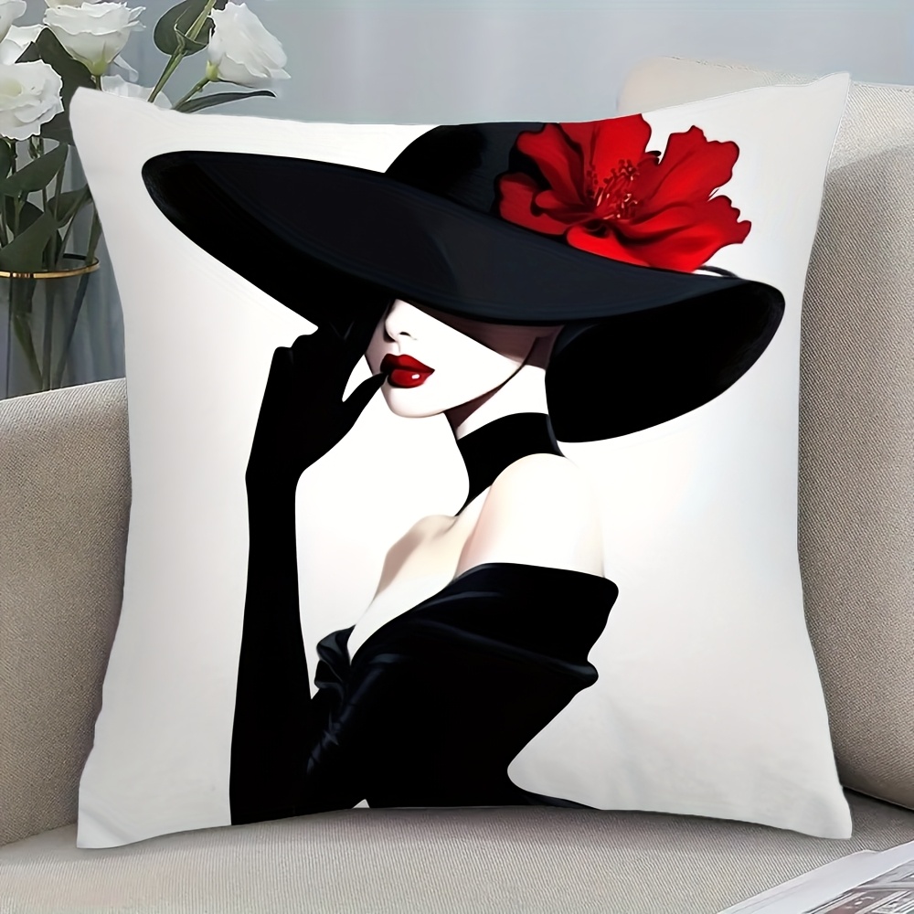 TEMU 1 housse de coussin en velours noir avec imprimé floral vintage - Taie d'oreiller décorative carrée, 18*18 pouces, fermeture éclair, lavable en