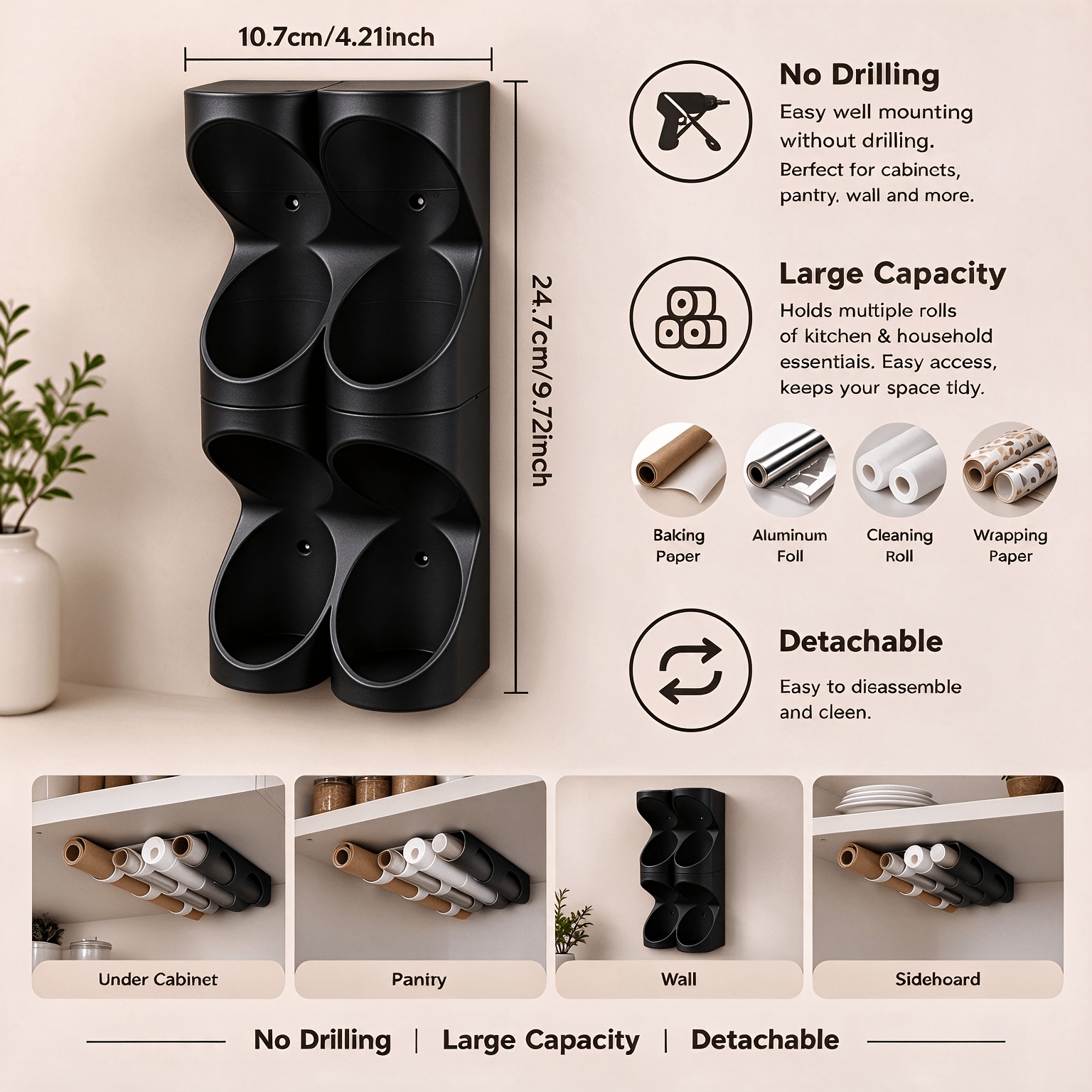 TEMU Porte-rouleaux de cuisine 1 pièce, rangement pour papier sulfurisé, tapis de cuisson, film plastique, conçu pour installé sur des étagères ou