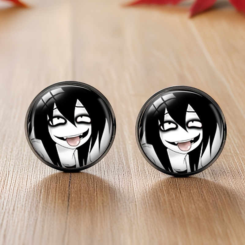 TEMU 1 Pair Jeff The Killer Black Stud Earring Round Glass Cabochon Earrings Handmade Jewelry, Without Battery