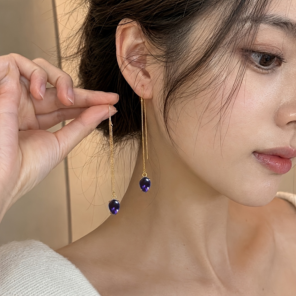 TEMU Gold-plated Thin Double Chain Long Ear Hook Women's Style, Oval Teardrop Purple Zirconia Pendant Earrings, Minimalist Elegant Earrings, Wedding