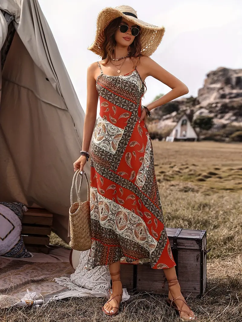 Paisley Pattern Backless Cami Dress, Vacation Sleeveless Spaghetti Strap Dress, Women's Clothing Paisley Pattern Backless Cami Dress, Vacation Sleeveless Spaghetti Strap Dress, Women's Clothing