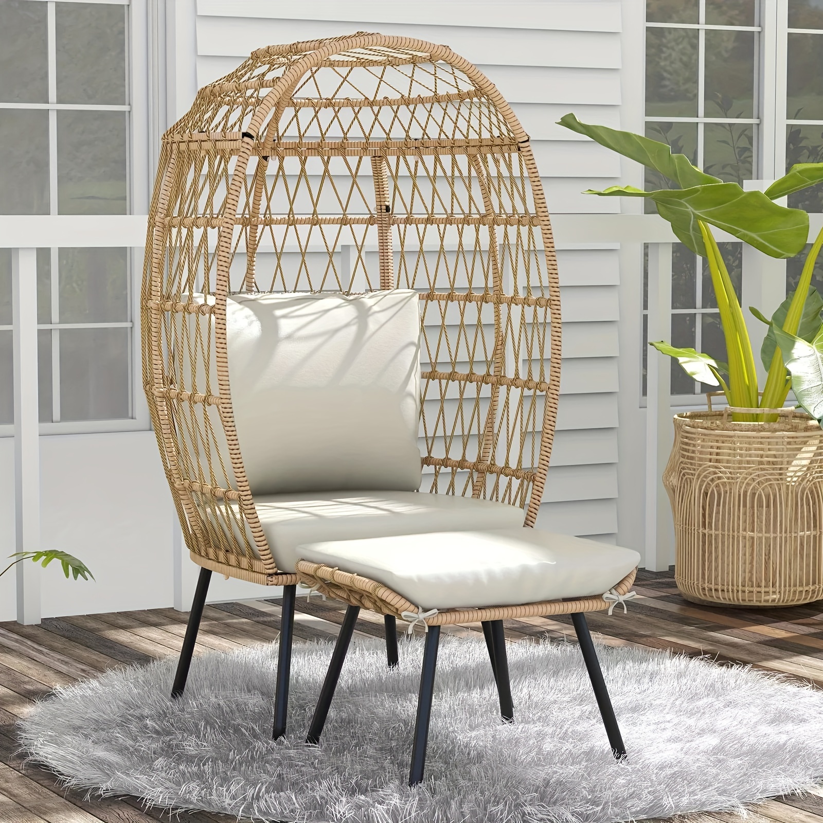 

Dwvo Outdoor Egg Chair With Ottoman For Outdoor Indoor, Wicker Egg Chair With Cushion, All-weather Large Egg Basket Chair For Patio, Outside, Bedroom, Beige