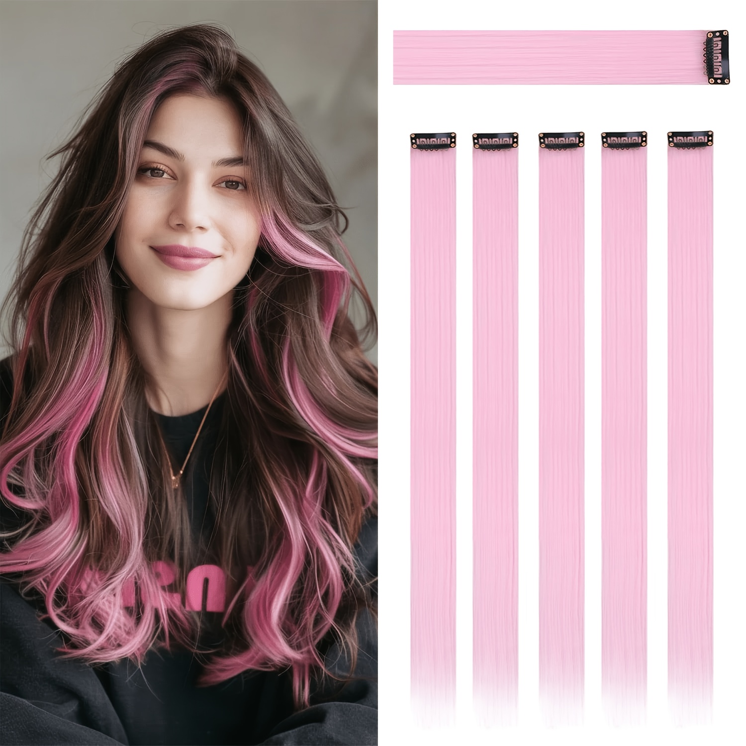 TEMU Pink 5 Packs Hair Extensions | 24" Clip In Hair Extension | Colourful Straight Long Hair Extensions Clip In Hair Synthetic Straight Hair Piece