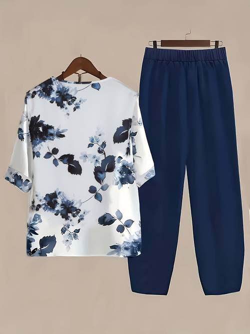 urlaubsinspiriertes rundhals-blumenmuster-lockere freizeithosen-set