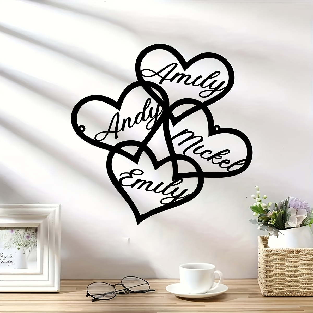 

Customizable Metal Wall With 4 Heart-shaped Surnames - Personalized Letter Combination For Anniversaries, Door Hangings And Housewarming Gifts.