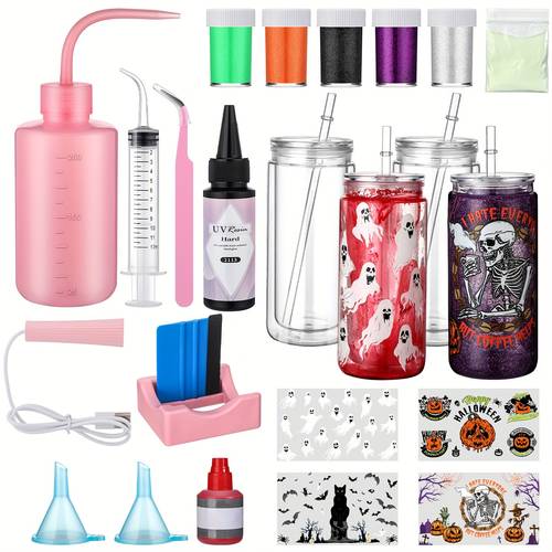 4 pack halloween diy tumbler supplies kits halloween themed uv dtf cup wraps 16oz double wall can glitter squeeze bottle scraper uv resin flashlight red luminous powder glass cup