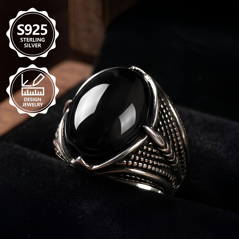 Image of 925 Sterling Silver Exquisite Ladies Fashion Ring, Luxurious, Classic, Party, Inlaid With Black Agate, Suitable For Daily Wear, A Anniversary Gift For Family And Girlfriend