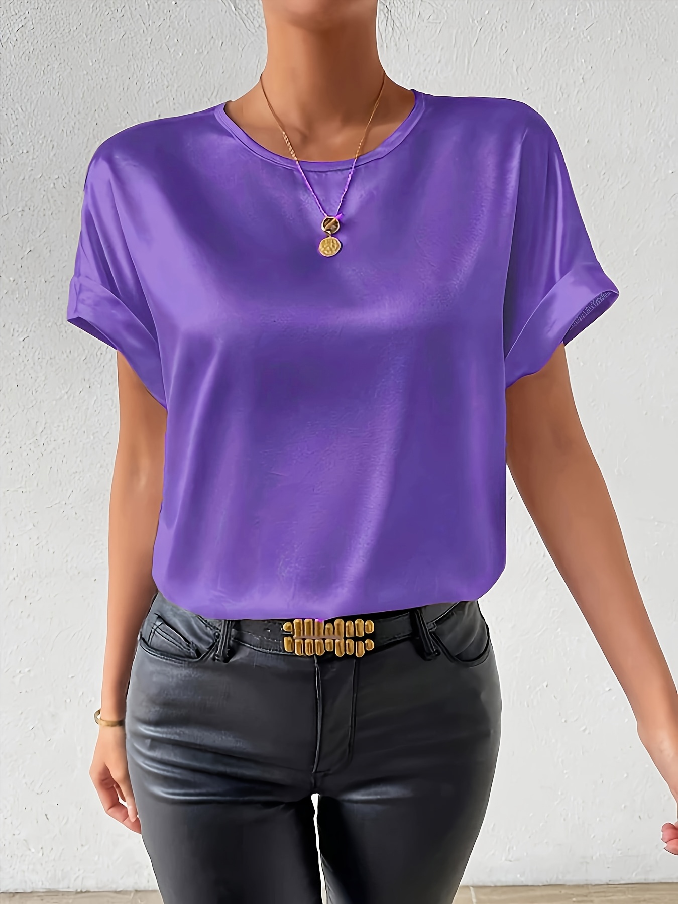 Women'S Plus Size Light Blue Woven Blouse - Elegant Short Sleeve Crew Neck, Solid Color, Non-Stretch Fabric, Perfect for Summer, Casual Summer Wear|Sleek Fitted Look|Nonstretch Material, Plus Size Blouses