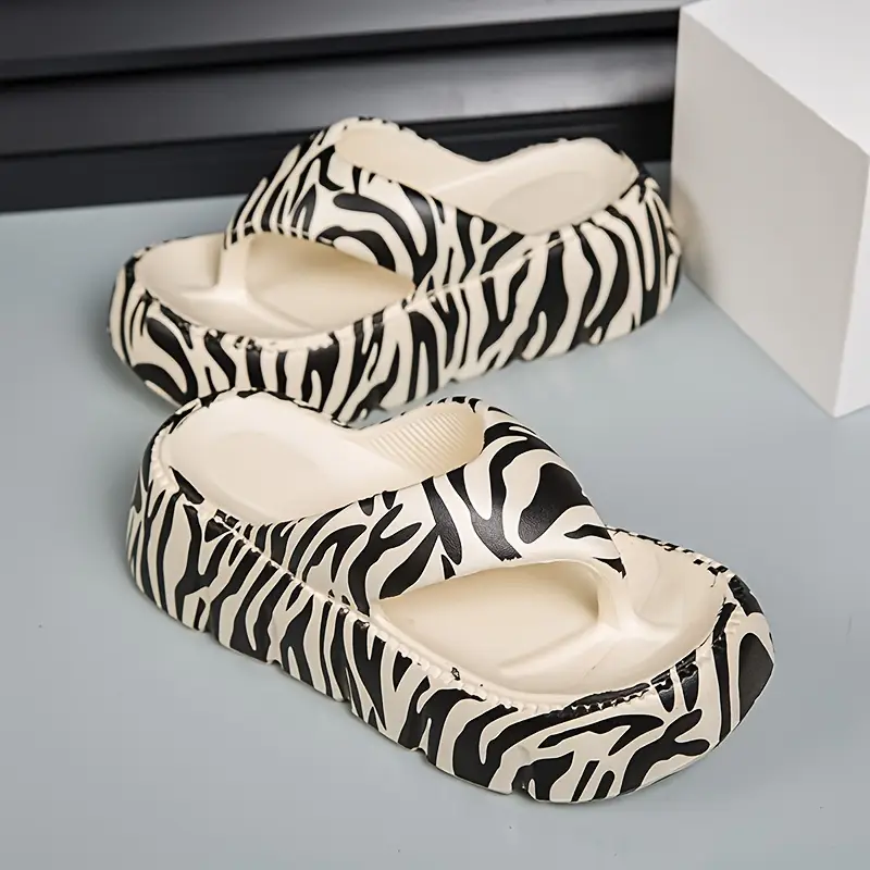 womens zebra print flip flops slip on platform soft sole casual beach slides non slip vacation slides details 1