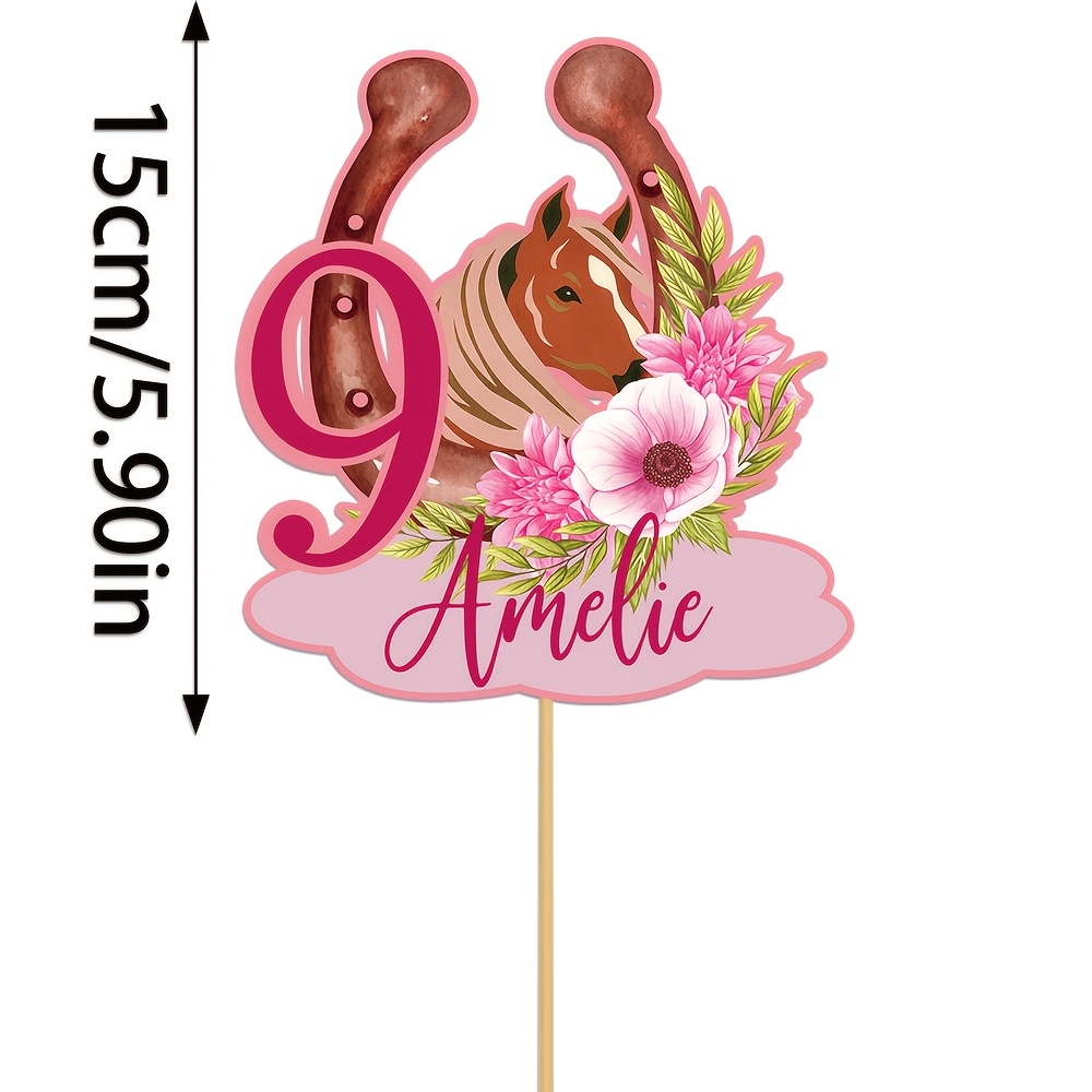 TEMU 1pc Custom Western Horse Horseshoe Design Cake Topper, Personalized Name And Age Pink Floral Cowgirl Birthday Western Party Cake Picks, Cowgirl