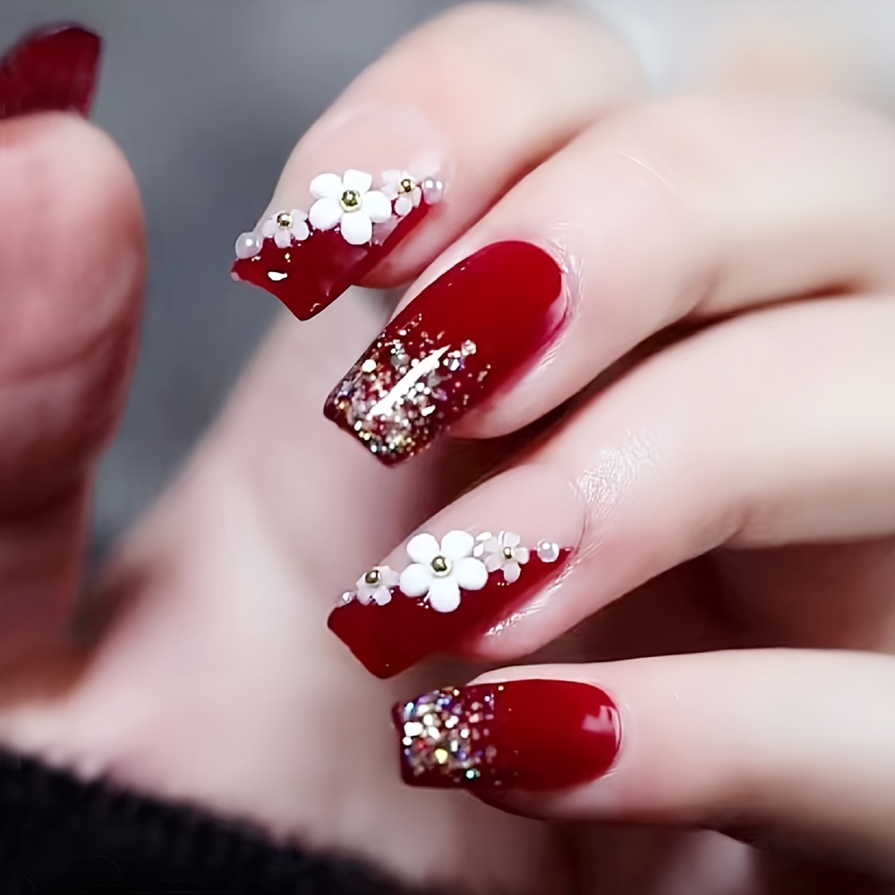 

Retro Red Fake Nails With - Decoration And Paillette Not Easy To Fade Fake Nails For Girls Engagement Hand Decoration