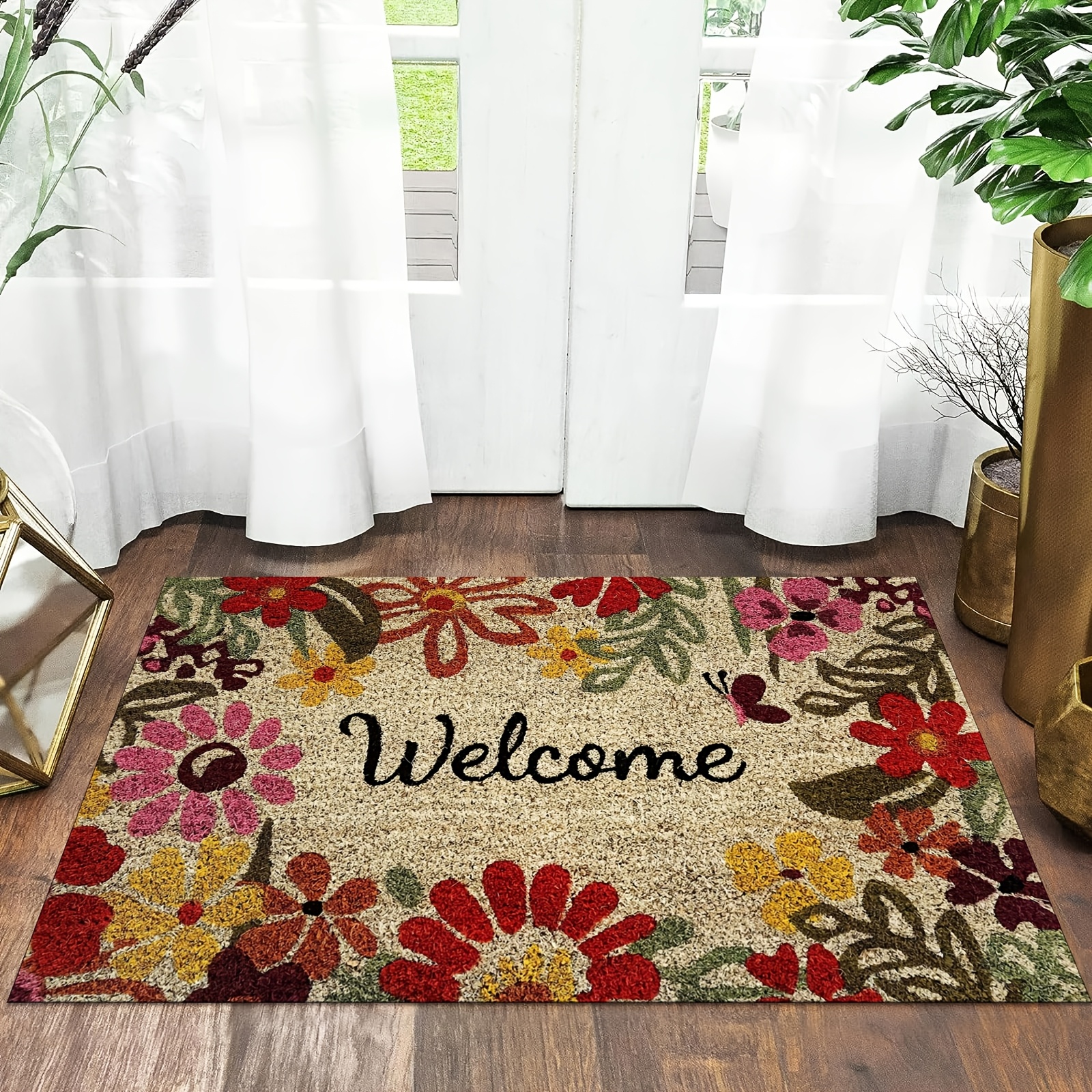TEMU 1pc Welcome Outdoor Doormat With Multicolor Floral Pattern, 800g/sqm, Rectangular Knitted Polyester, Machine Washable Non-slip Indoor Outdoor