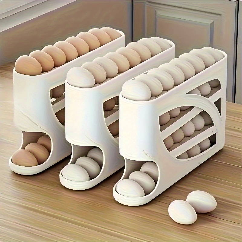 Présentoir à œufs roulant à 4 niveaux - Conception de porte latérale peu encombrante, peut contenir 30 œufs, surface lisse et brillante, poignée pratique | Convient pour le rangement dans la cuisine et le réfrigérateur | Ajouts de cuisine modernes | Matériau plastique durable