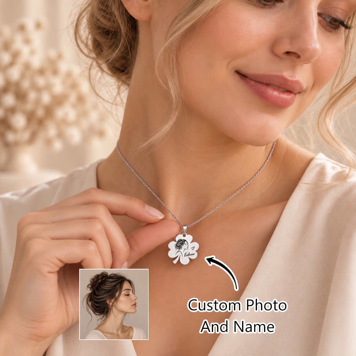 Custom Photo Line Art Flower Necklace, Personalized Name Pendant