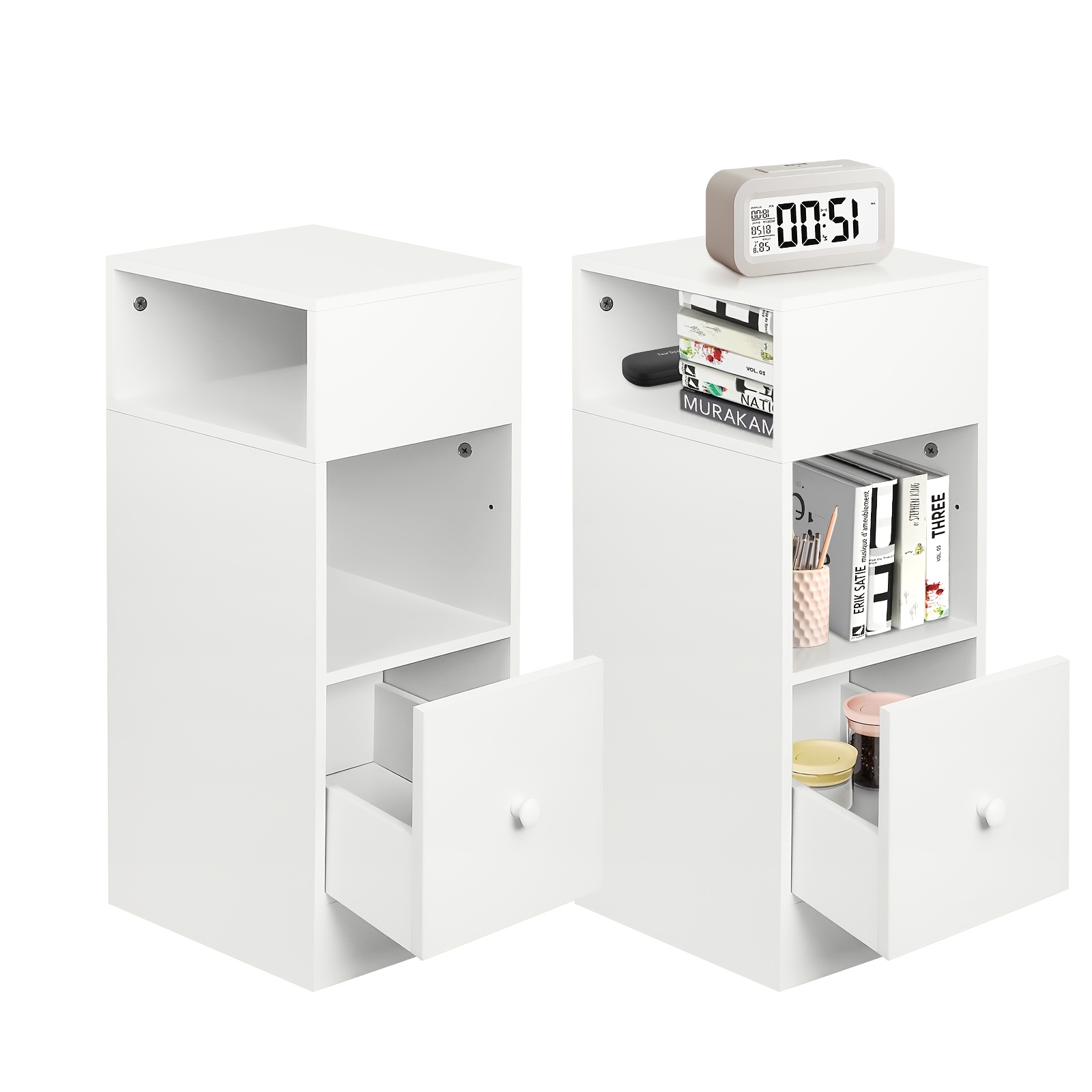 TEMU 2pcs Narrow Nightstand Set - Modern Mid-century Bedside Tables With Sliding Drawer & Open Shelf, Space- Suitable For Small Spaces, Compact