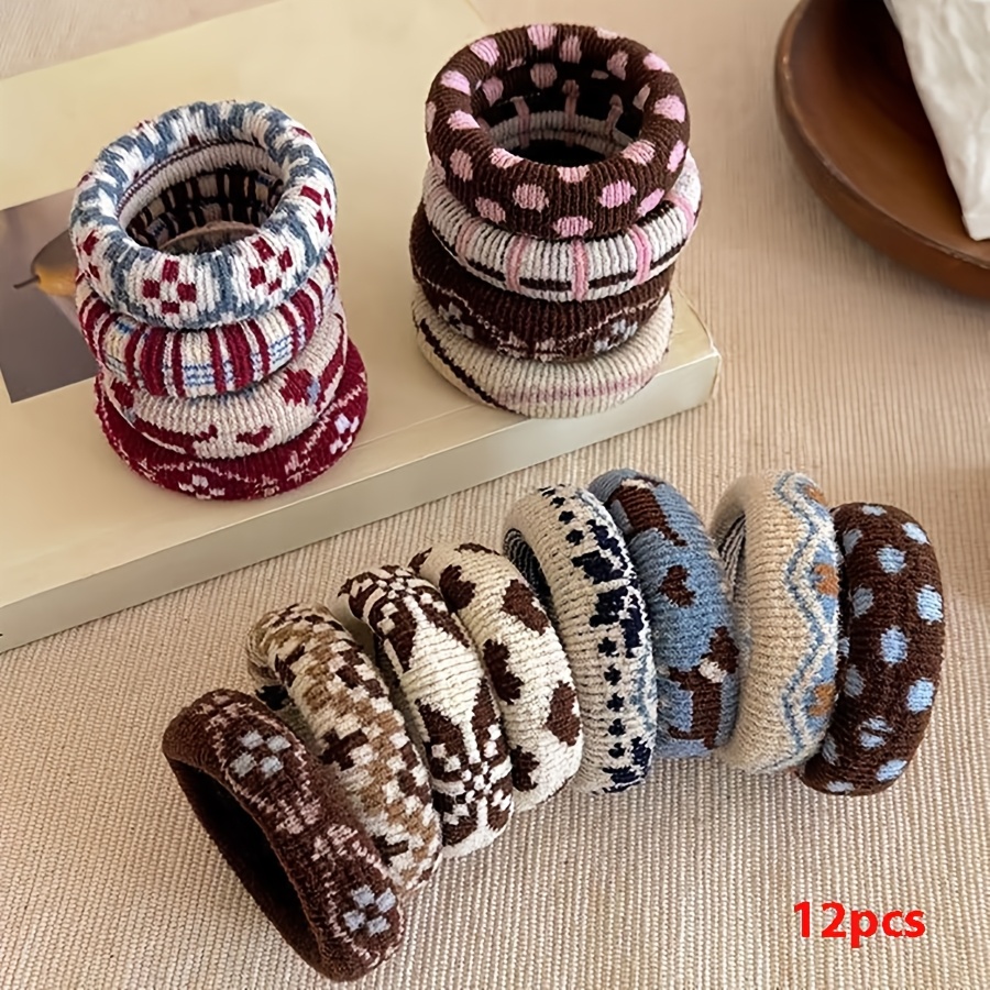 Image of 12pcs Vintage Jacquard Coffee-colored Towel-style Hair Ties For Women, Simple Bun Hair Rings, Hair-friendly, Christmas Hair Accessories