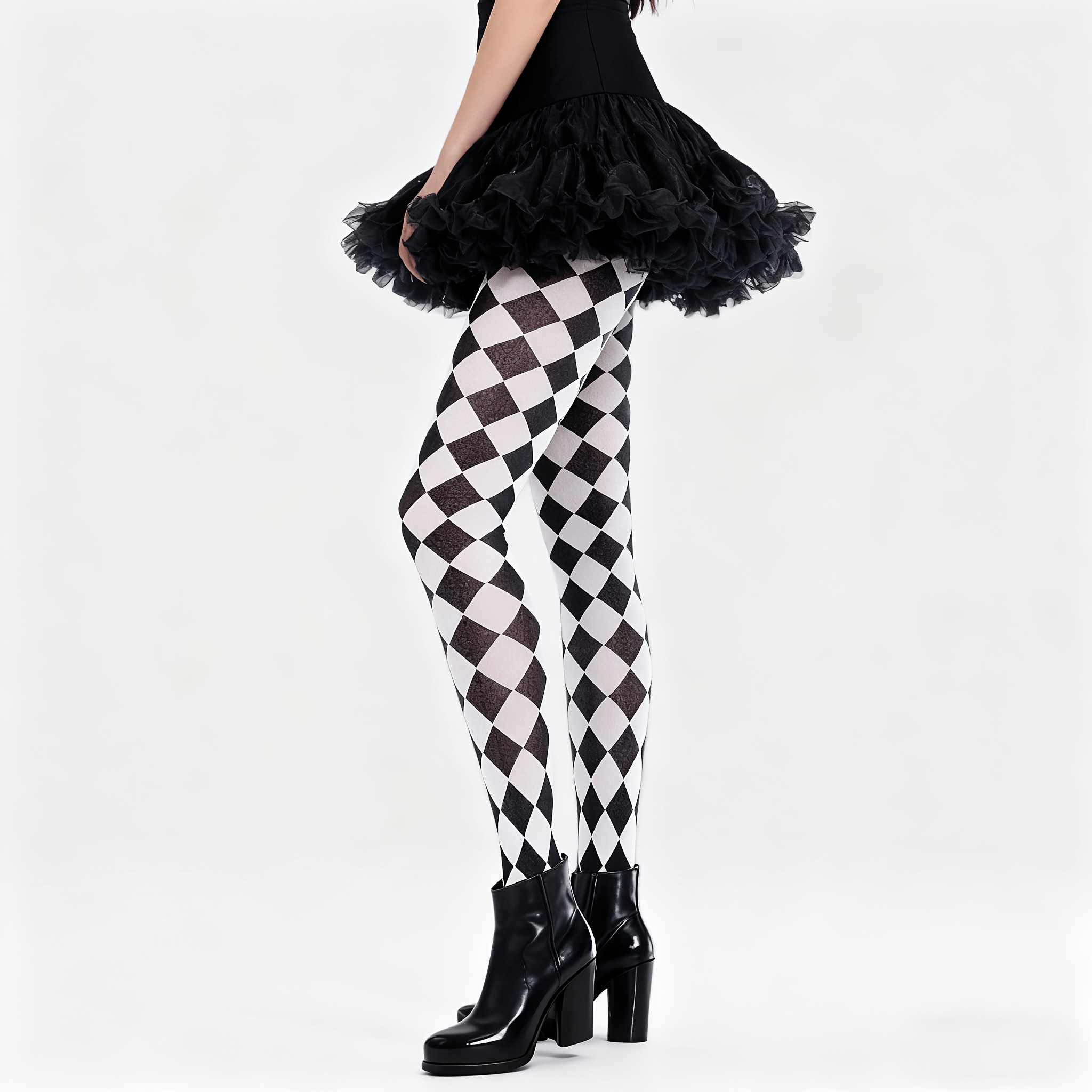 TEMU 1 Pair Black White Vertical Diamond Pantyhose For Women, Stretch Comfortable Stylish Tights For Street Trendy Matching