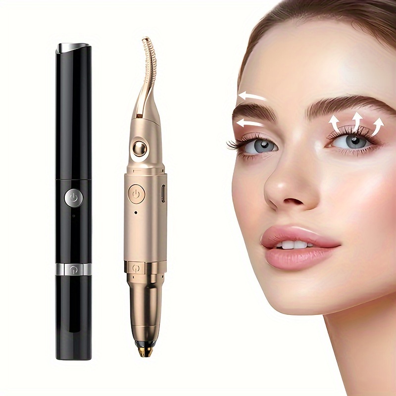

2-in-1 Portable Electric Eyelash Curler & Eyebrow Trimmer, Lipstick-shaped, Heated Lash Curler, Multi-functional Eye Makeup Tool, Beauty Instrument With Nose & Ear Hair Trimming Function