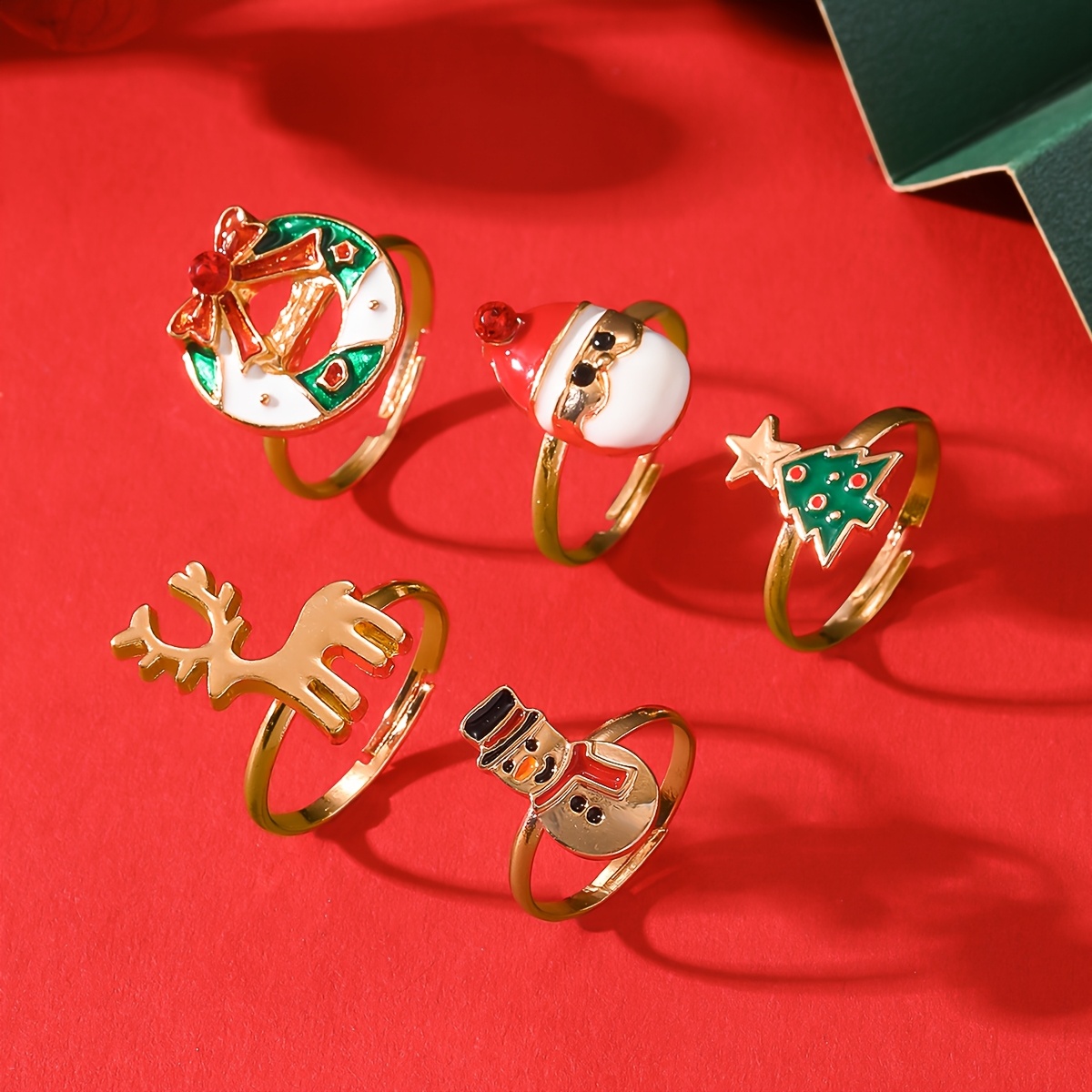 Image of 5pcs Women's Fashion Stackable Ring Set - Christmas Vintage Enamel Reindeer, Snowman, Santa Claus Rings, Adjustable For Daily Wear, Holiday Parties, Christmas Gift