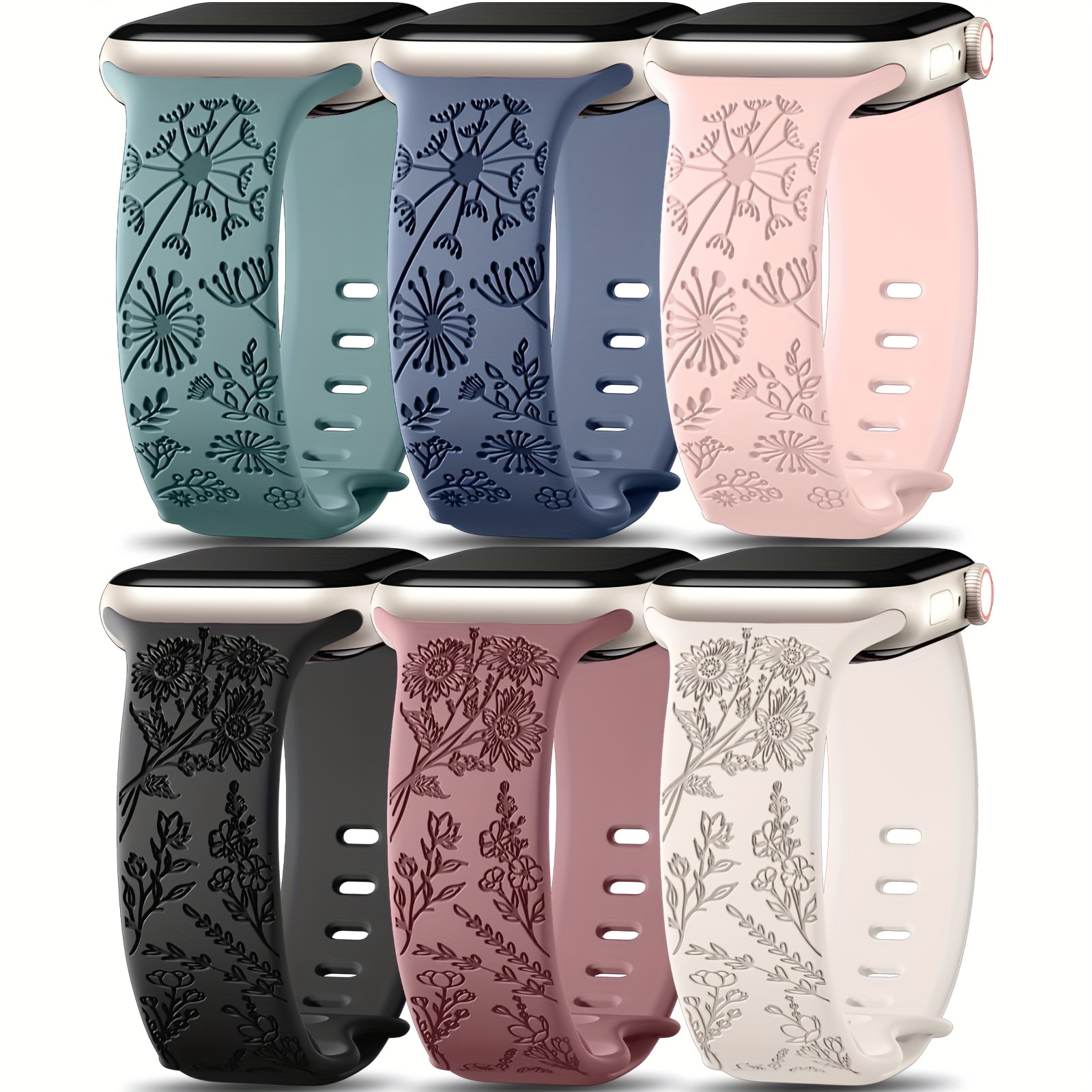 

6 Pack Flower Engraved Bands Compatible For Watch Band 40mm 41mm 38mm 42mm 44mm 45mm 49mm Women, Soft Silicone Cute Wildflowers Sport Laser Strap For Iwatch Bands Series 9 Ultra Se 8 6 5 4 3 2 1