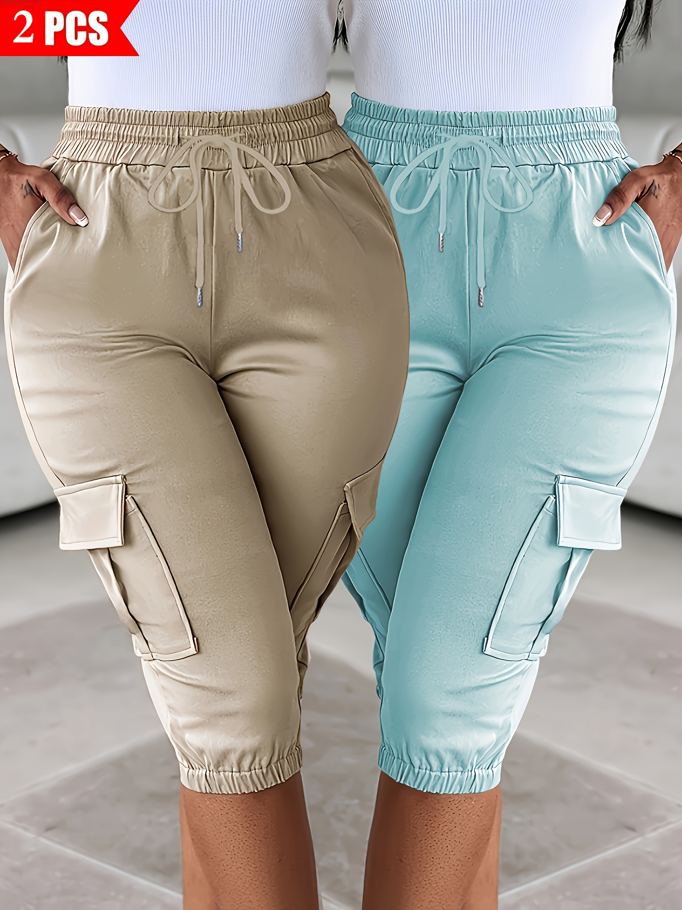 2pcs Women's Cargo Shorts Set, Elastic Waist, Fashionable Style, Cuffed Cargo, Comfortable Fabric, Practical and Convenient