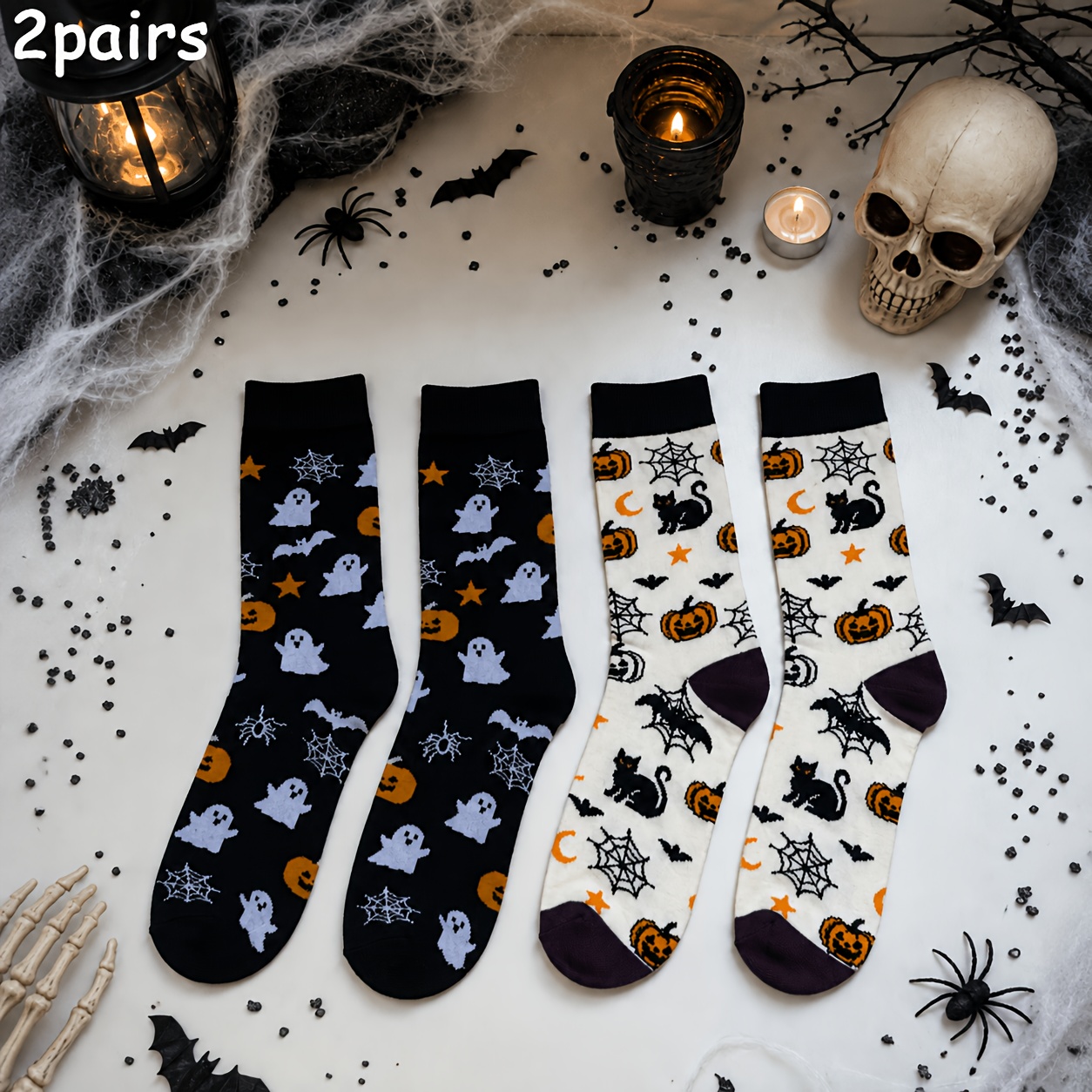 TEMU 2-pair, Spider, And Pumpkin Pattern Women's Mid-calf Socks, Comfortable And Creative Casual Socks, Trendy And Fashionable, Suitable For Daily