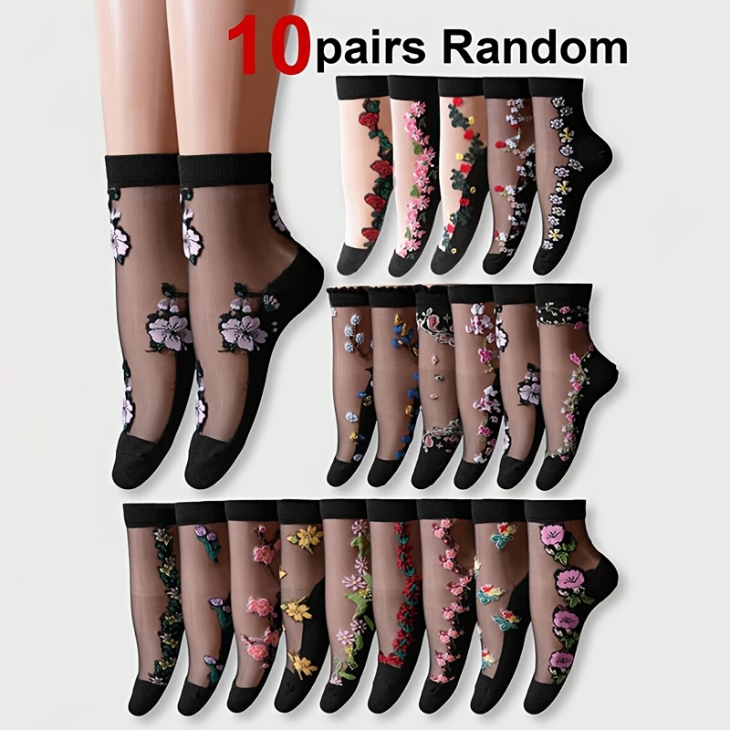 TEMU Random 10-pair Women's Mid-calf Socks, Vintage Style Small Floral Print Pattern With Lace , Trendy And Fashionable Women' Fiber Stockings, Thin,
