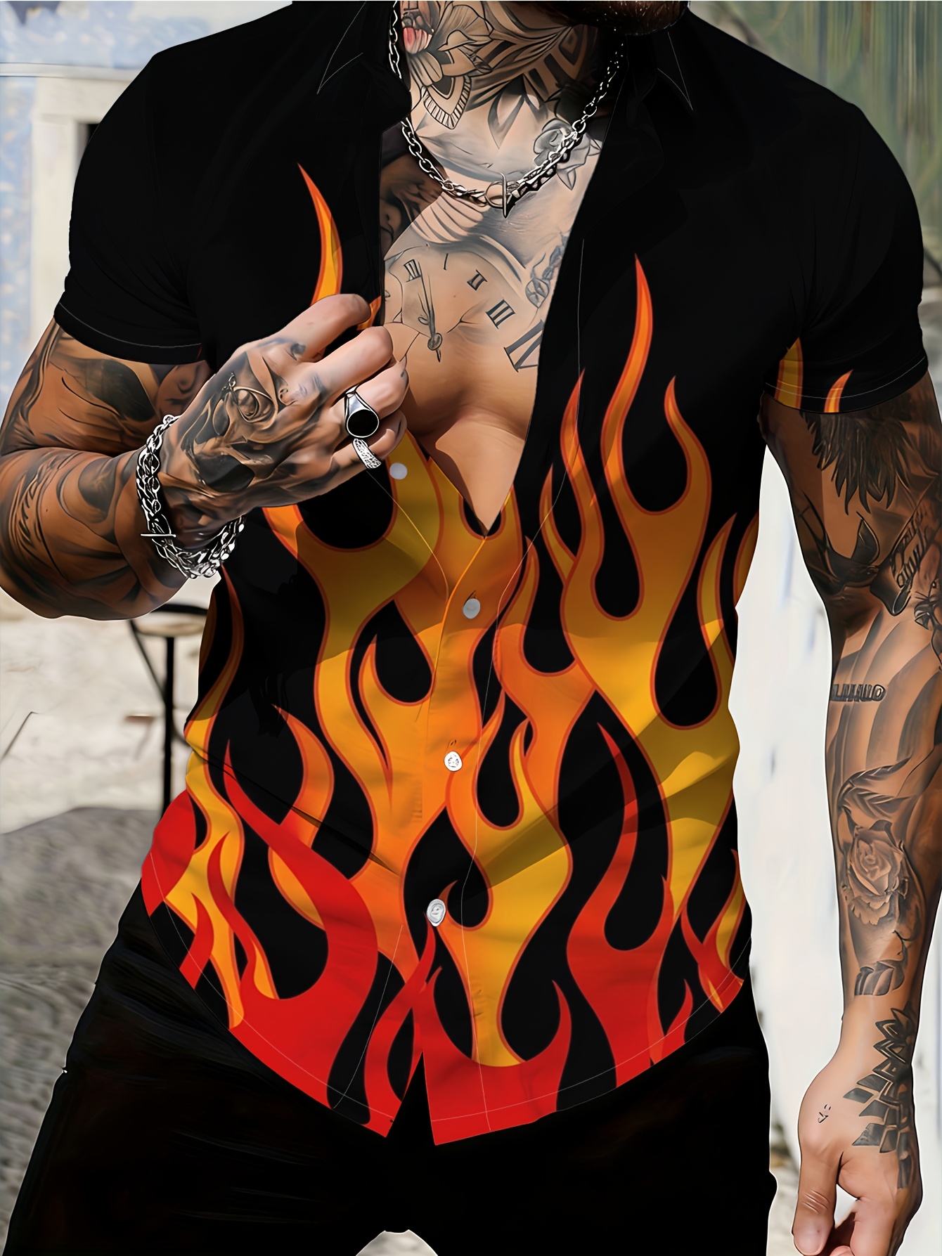 item picture mens short sleeve shirt featuring a flame print in black with orange yellow flames   casual summer   made from machine washable fabric it boasts a   pattern ideal for     and daily wear