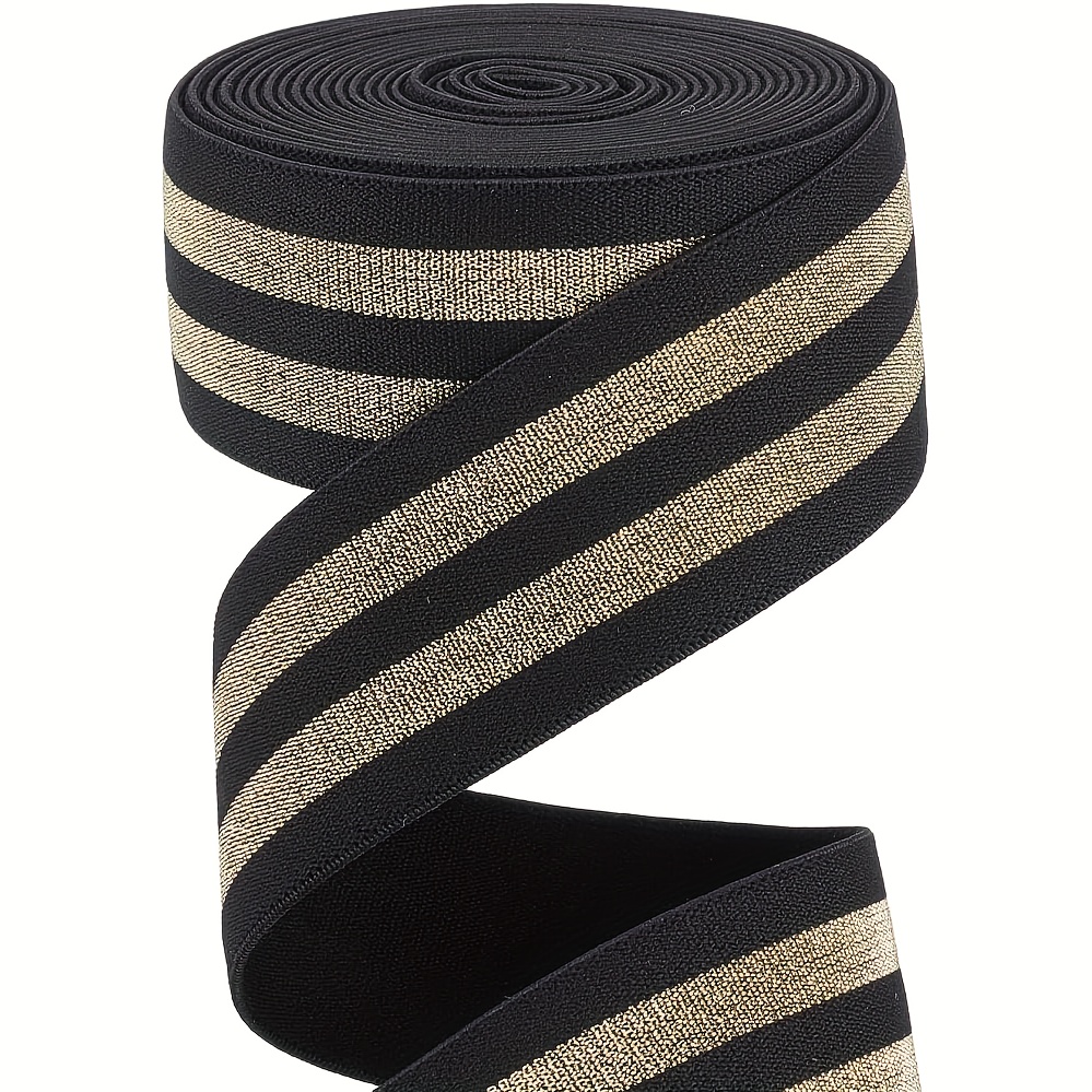 Image of 1.57" Wide Glitter Golden Striped Twill Elastic Band Black Flat Stretchy Webbing Sewing Knitting Strap Trim Ribbon For Craft Waistband Headband Bags Accessory, 5 Yards
